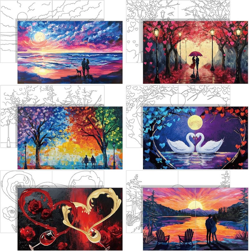 Affrolling 12 Pcs Pre Drawn Canvas for Painting for Adults 8 x 8 Inch Canvas Painting Kits Stretched with Drawing Ready to Paint Beginner Artists Date Night Party Supplies (Couples) - Image 1